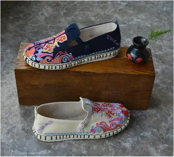  Yunnan estilo Étnico bordado em pano de sapatos de mulheres de Linho grande cabeça Hanfu sapatos de cabeça redonda de moda casual cânhamo sapatos