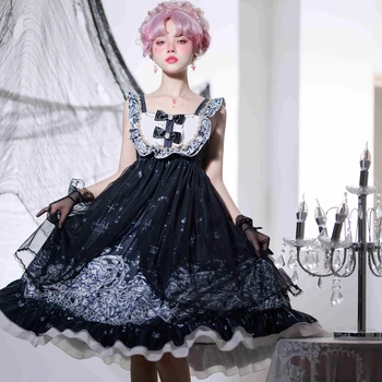  Gothic Lolita Dark Garota Gótica de Estilo Halloween Jsk Funda Meados de-comprimento Vestido Feminino de Verão Princesa sem Mangas, Vestido de