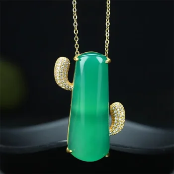  Venda quente natural, esculpida à mão jade cobre plated24k Verde Cacto pendente da Colar de Jóias de moda Homens Mulheres LuckGifts
