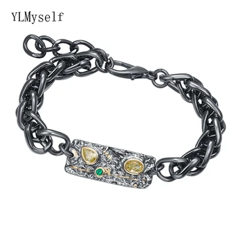  Rock Cadeia de Espessura bracelete Preto de tom 2 Olivina CZ Livre tamanho Grande Fresco Link pulseira para mulheres/Homens